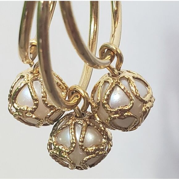 GOLDTONE Leverback Hoop & Caged Beads Earrings - Picture 2 of 5